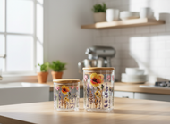 Vorratsglas mit Bambusdeckel 600 ml & 1.100 ml – Glas Aufbewahrung Küche – Modernes Aufbewahrungsglas mit Flower-Design
