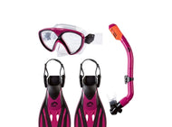 CRIVIT Tauch- und Schnorchel-Set für Erwachsene & Kinder – 3-teilig mit Maske, Dry-Top Schnorchel, Flossen & Signalpfeife